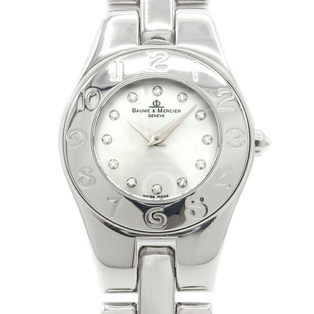 電池交換済 BAUME＆MERCIER ボーム&メルシェ リネア 65305 ダイヤモンド 12Pダイヤ 白 ホワイトシェル SS ステンレス レディース クォーツ【6ヶ月保証】【腕時計】【中古】
