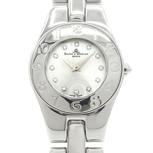 電池交換済 BAUME＆MERCIER ボーム&メルシェ リネア 65305 ダイヤモンド 12Pダイヤ 白 ホワイトシェル SS ステンレス レディース クォーツ【6ヶ月保証】【腕時計】【中古】