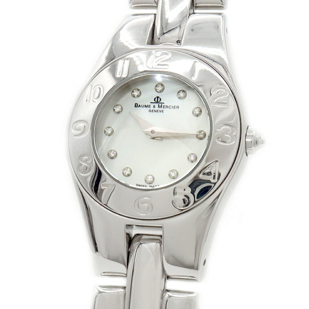 電池交換済 BAUME＆MERCIER ボーム&メルシェ リネア 65305 ダイヤモンド 12Pダイヤ 白 ホワイトシェル SS ステンレス レディース クォーツ【6ヶ月保証】【腕時計】【中古】