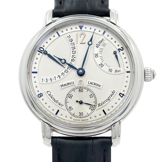内部点検済 MAURICE LACROIX モーリスラクロア マスターピース カランドリエ レトログラード MP7068 デイト 30m防水 裏スケ 白 ホワイト SS ステンレス 純正尾錠 メンズ 手巻き【6ヶ月保証】【腕時計】【中古】