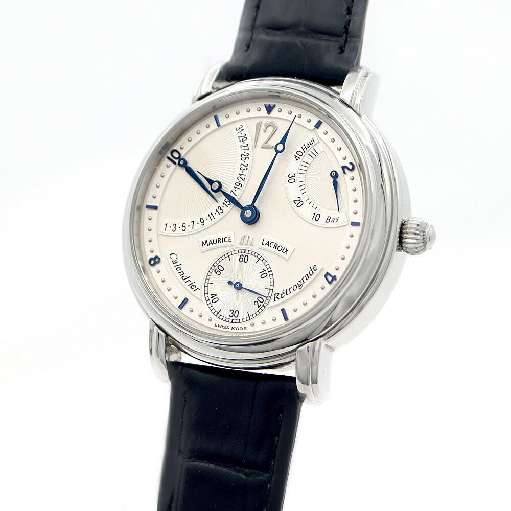 内部点検済 MAURICE LACROIX モーリスラクロア マスターピース カランドリエ レトログラード MP7068 デイト 30m防水 裏スケ 白 ホワイト SS ステンレス 純正尾錠 メンズ 手巻き【6ヶ月保証】【腕時計】【中古】