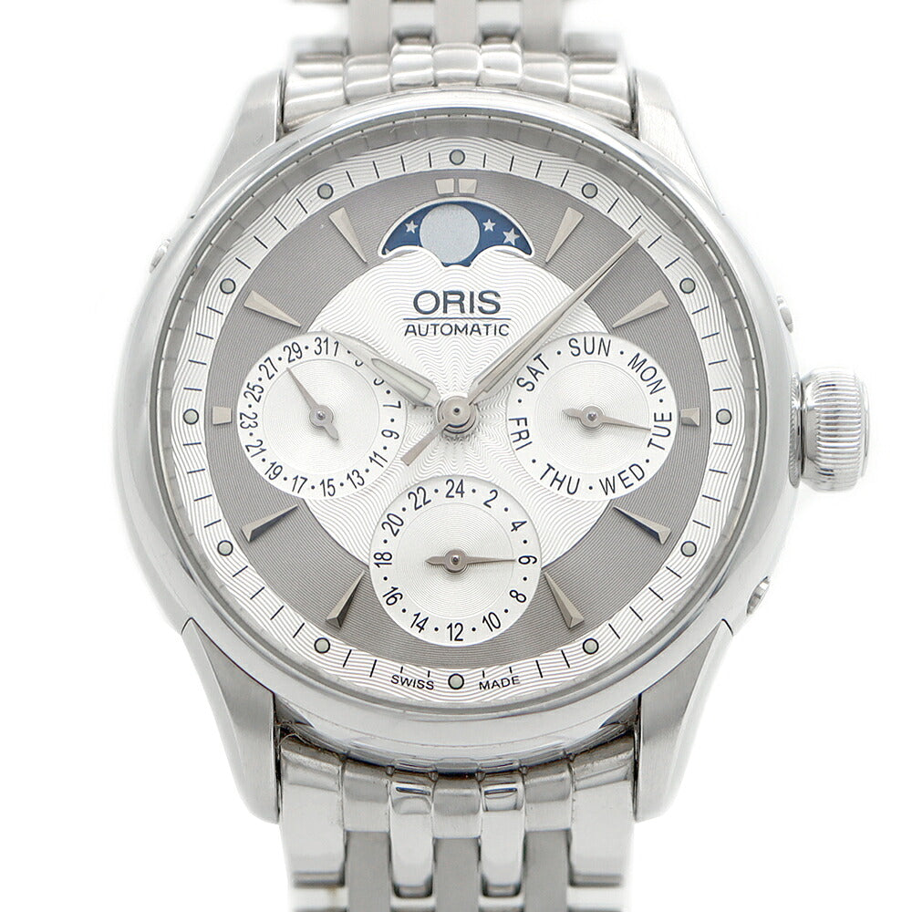 ORIS オリス アートリエ コンプリケーション ムーンフェイズ 7606 裏スケ 30ｍ防水 トリプルカレンダー シルバー SS ステンレス メンズ 自動巻き【6ヶ月保証】【腕時計】【中古】