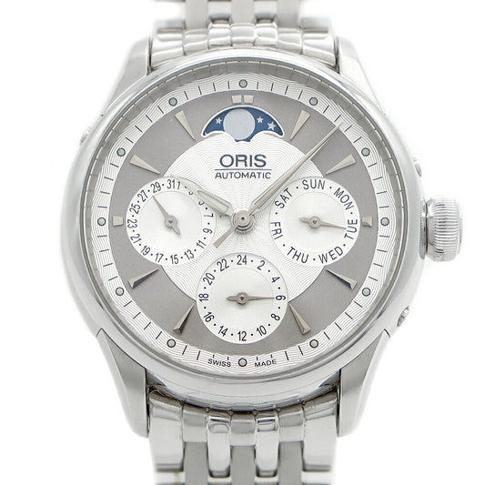 ORIS オリス アートリエ コンプリケーション ムーンフェイズ 7606 裏スケ 30ｍ防水 トリプルカレンダー シルバー SS ステンレス メンズ 自動巻き【6ヶ月保証】【腕時計】【中古】