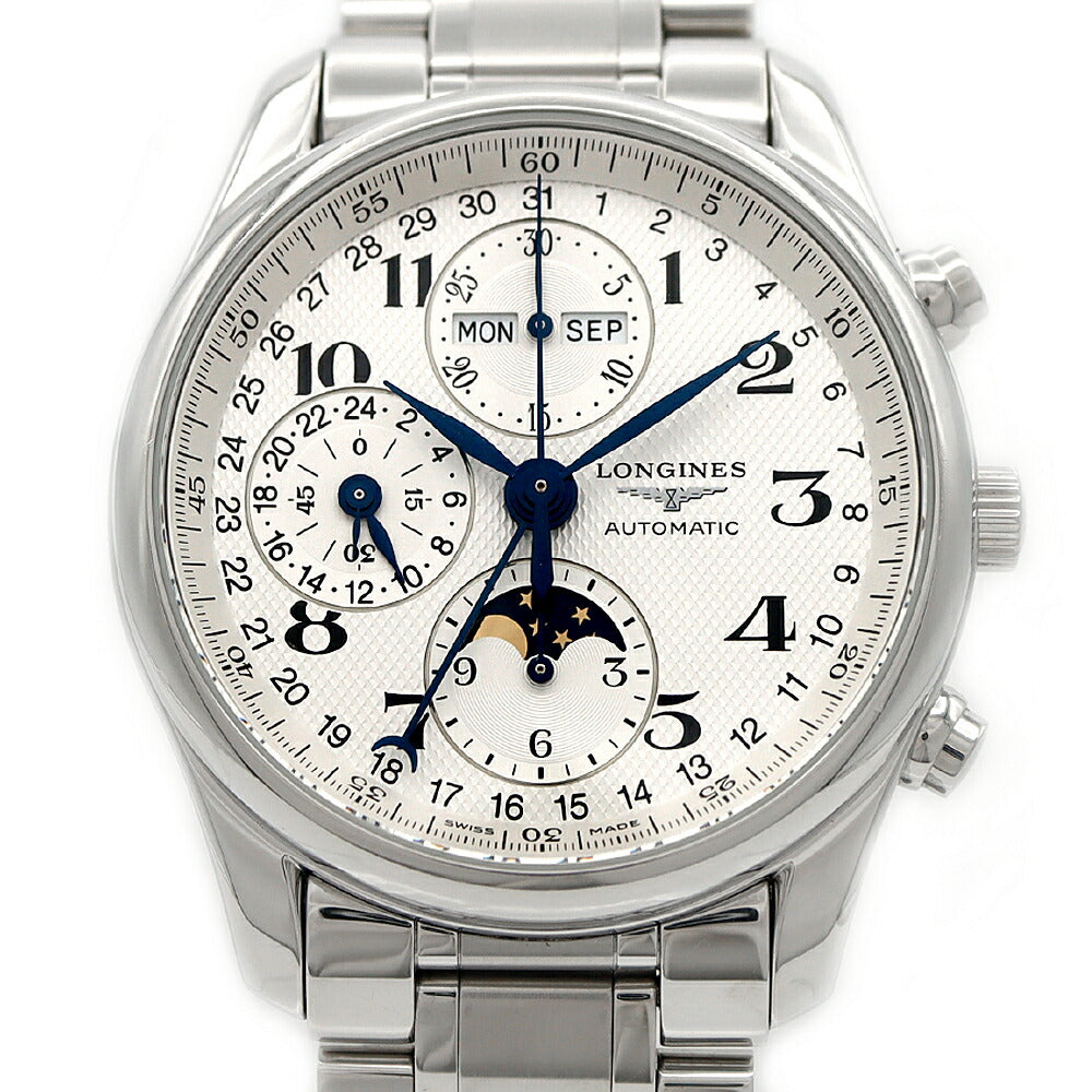 LONGINES ロンジン マスターコレクション クロノグラフ L2.673.4 ムーンフェイズ トリプルカレンダー 30m防水 裏スケ シルバー SS ステンレス メンズ 自動巻き【6ヶ月保証】【腕時計】【中古】