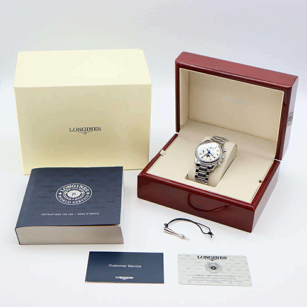 LONGINES ロンジン マスターコレクション クロノグラフ L2.673.4 ムーンフェイズ トリプルカレンダー 30m防水 裏スケ シルバー SS ステンレス メンズ 自動巻き【6ヶ月保証】【腕時計】【中古】