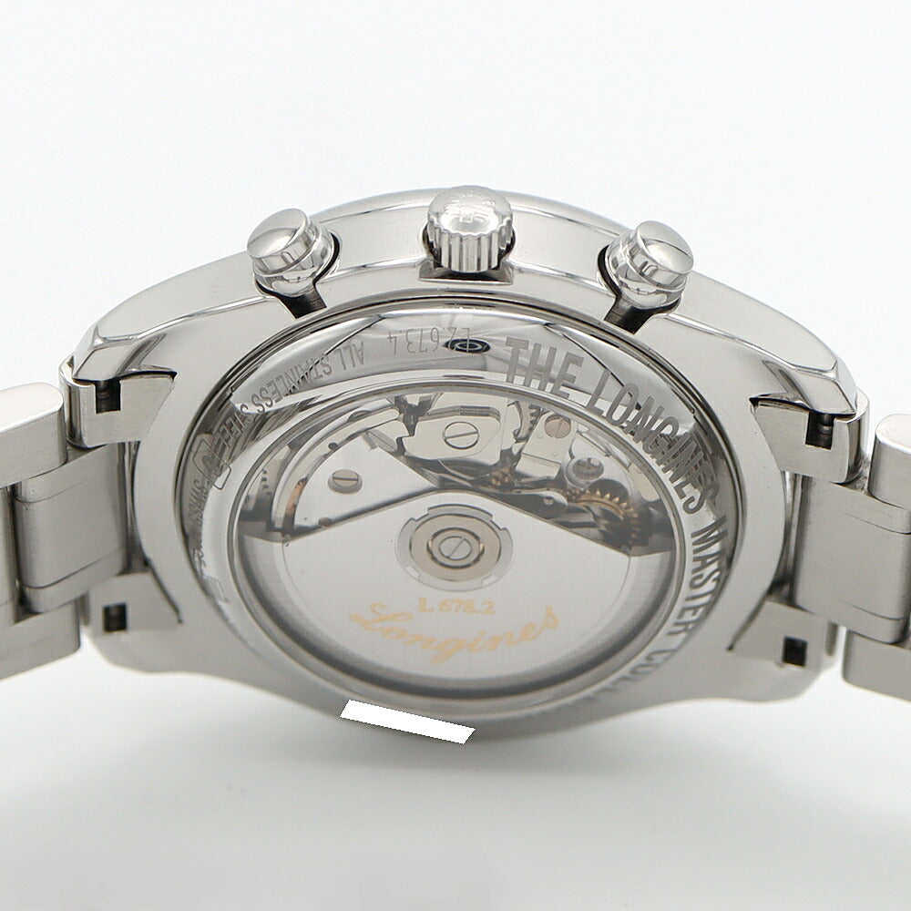 LONGINES ロンジン マスターコレクション クロノグラフ L2.673.4 ムーンフェイズ トリプルカレンダー 30m防水 裏スケ シルバー SS ステンレス メンズ 自動巻き【6ヶ月保証】【腕時計】【中古】