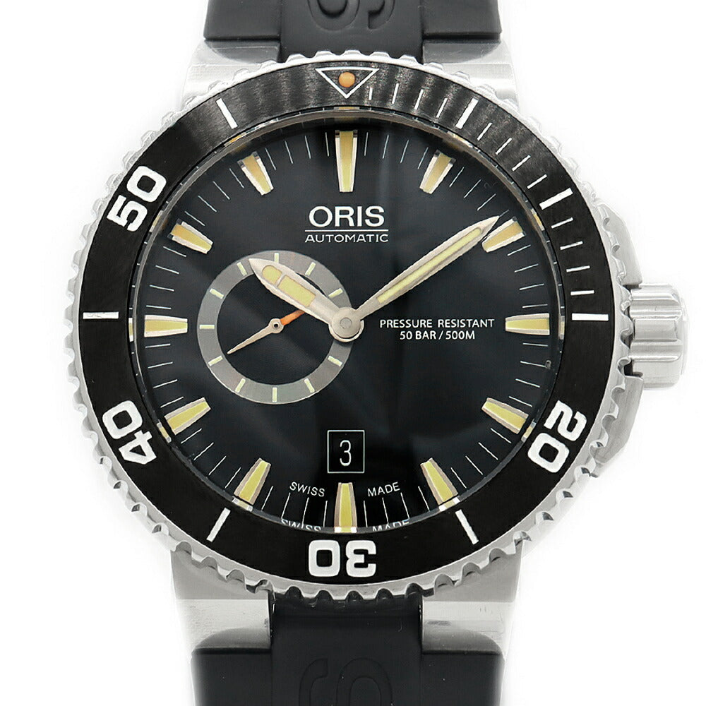 ORIS オリス アクイス 7673 スモールセコンド デイト 500m防水 黒 ブラック SS ステンレス CE セラミック 純正ベルト 純正尾錠 メンズ 自動巻き【6ヶ月保証】【腕時計】【中古】