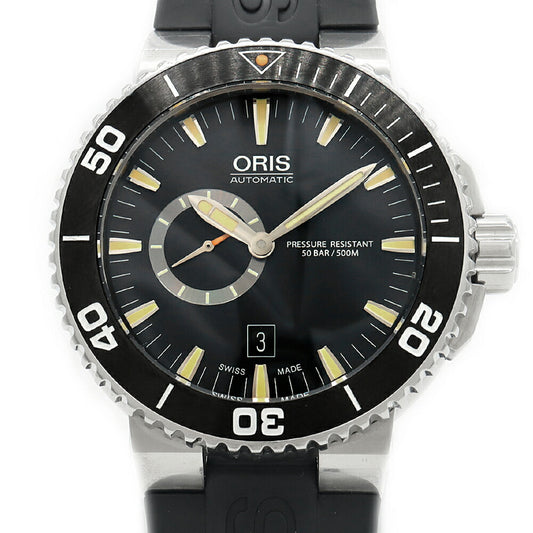 ORIS オリス アクイス 7673 スモールセコンド デイト 500m防水 黒 ブラック SS ステンレス CE セラミック 純正ベルト 純正尾錠 メンズ 自動巻き【6ヶ月保証】【腕時計】【中古】