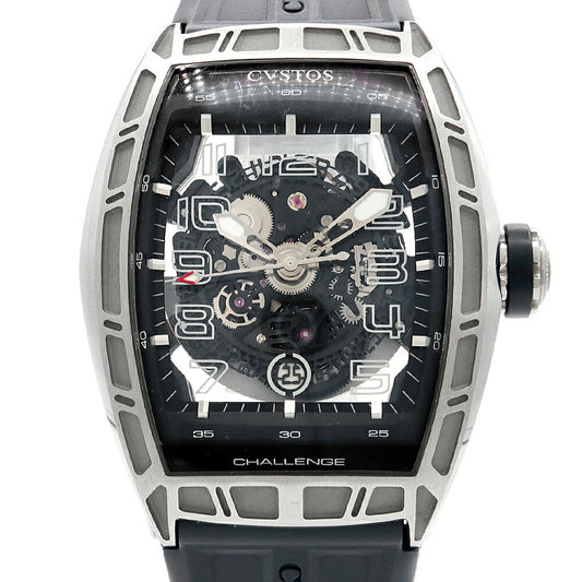 CVSTOS クストス チャレンジ ジェットライナー CVT-JET-SL ST デイト スケルトン 黒 ブラック SS ステンレス 純正ベルト 純正尾錠 メンズ 自動巻き【6ヶ月保証】【腕時計】【中古】