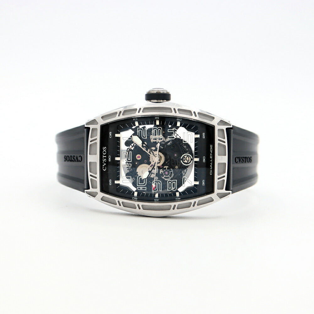 CVSTOS クストス チャレンジ ジェットライナー CVT-JET-SL ST デイト スケルトン 黒 ブラック SS ステンレス 純正ベルト 純正尾錠 メンズ 自動巻き【6ヶ月保証】【腕時計】【中古】