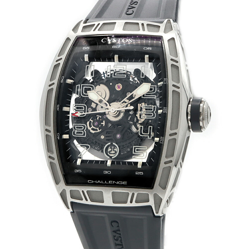 CVSTOS クストス チャレンジ ジェットライナー CVT-JET-SL ST デイト スケルトン 黒 ブラック SS ステンレス 純正ベルト 純正尾錠 メンズ 自動巻き【6ヶ月保証】【腕時計】【中古】