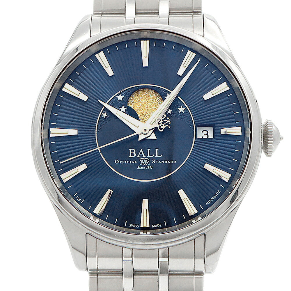 BALL ボール ウォッチ トレインマスター ムーンフェイズ NM3082D-SJ-BE デイト 裏スケ 50m防水 青 ブルー SS ステンレス メンズ 自動巻き【6ヶ月保証】【腕時計】【中古】