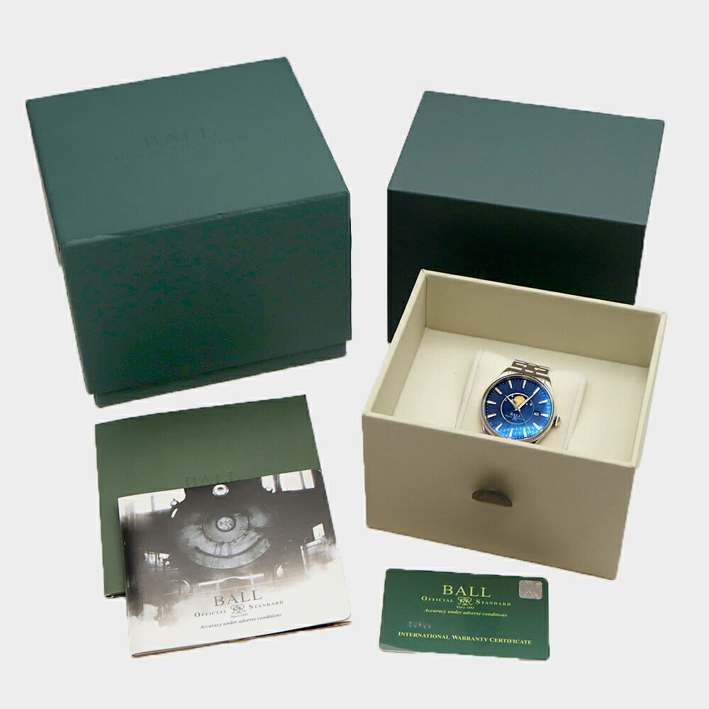 BALL ボール ウォッチ トレインマスター ムーンフェイズ NM3082D-SJ-BE デイト 裏スケ 50m防水 青 ブルー SS ステンレス メンズ 自動巻き【6ヶ月保証】【腕時計】【中古】