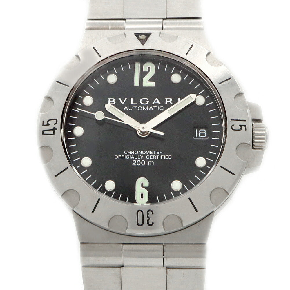 内部点検済 BVLGARI ブルガリ ディアゴノ スクーバ SD38S デイト 200m防水 黒 ブラック SS ステンレス メンズ 自動巻き【6ヶ月保証】【腕時計】【中古】