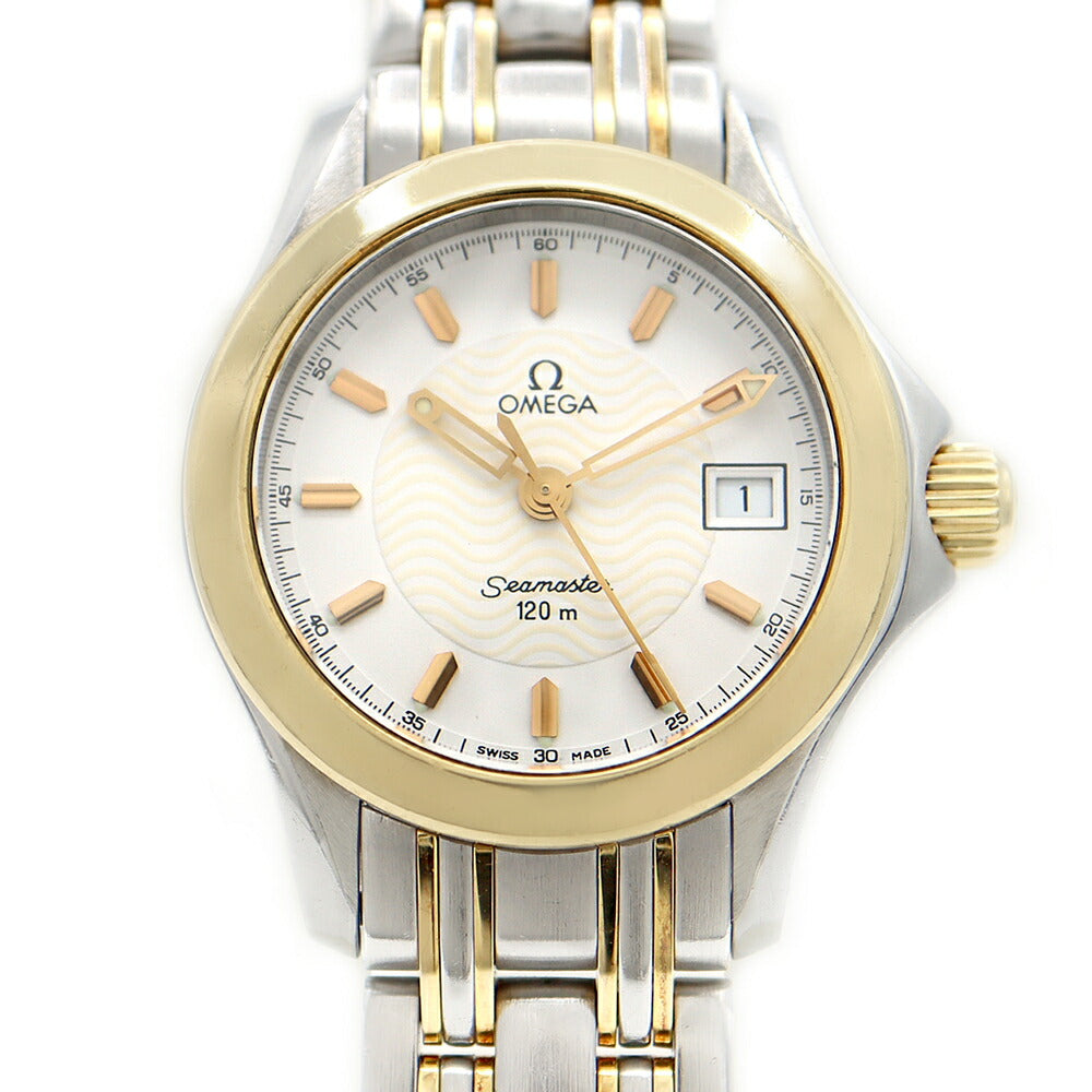 電池交換済 OMEGA オメガ シーマスター 120 2381.21 120m防水 デイト 白 ホワイト YG イエローゴールド SS ステンレス コンビ レディース クォーツ【6ヶ月保証】【腕時計】【中古】