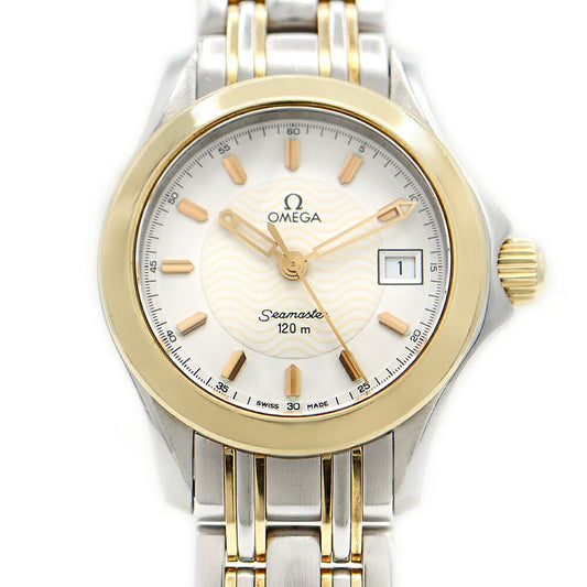 電池交換済 OMEGA オメガ シーマスター 120 2381.21 120m防水 デイト 白 ホワイト YG イエローゴールド SS ステンレス コンビ レディース クォーツ【6ヶ月保証】【腕時計】【中古】