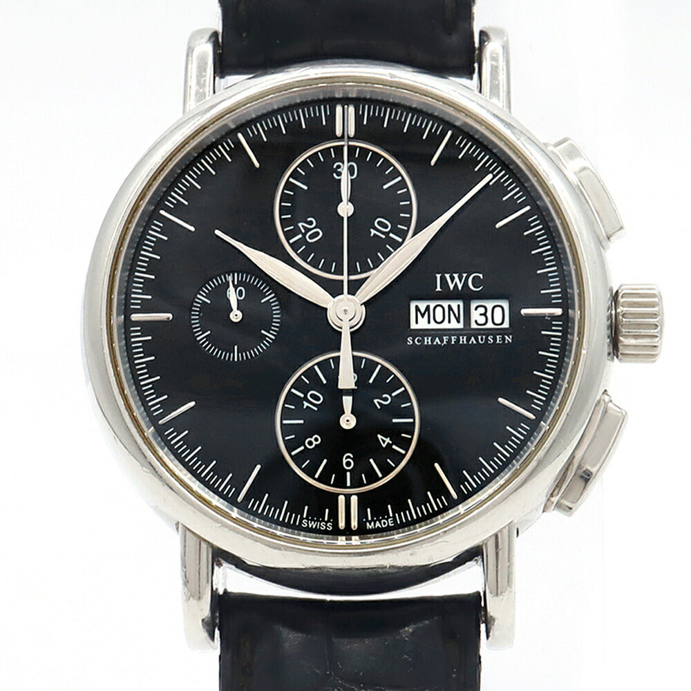 IWC インターナショナルウォッチカンパニー ポートフィノ クロノグラフ IW378303 30m防水 デイデイト 黒 ブラック SS ステンレス 純正ベルト 純正尾錠 メンズ 自動巻き【6ヶ月保証】【腕時計】【中古】