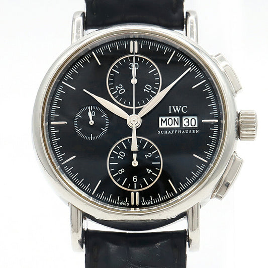 IWC インターナショナルウォッチカンパニー ポートフィノ クロノグラフ IW378303 30m防水 デイデイト 黒 ブラック SS ステンレス 純正ベルト 純正尾錠 メンズ 自動巻き【6ヶ月保証】【腕時計】【中古】
