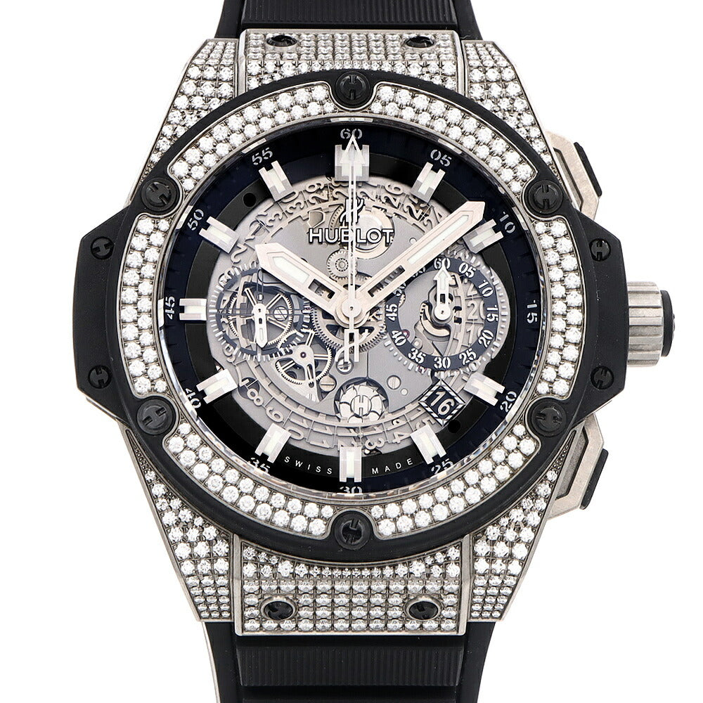 HUBLOT ウブロ キングパワー ウニコ チタニウム パヴェ 701.NX.0170.RX.1704 クロノグラフ 純正ダイヤモンド パヴェダイヤ デイト 黒 ブラック グレー スケルトン Ti チタン 純正ベルト 純正尾錠 メンズ 自動巻き【6ヶ月保証】【腕時計】【中古】