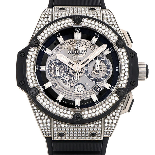 HUBLOT ウブロ キングパワー ウニコ チタニウム パヴェ 701.NX.0170.RX.1704 クロノグラフ 純正ダイヤモンド パヴェダイヤ デイト 黒 ブラック グレー スケルトン Ti チタン 純正ベルト 純正尾錠 メンズ 自動巻き【6ヶ月保証】【腕時計】【中古】