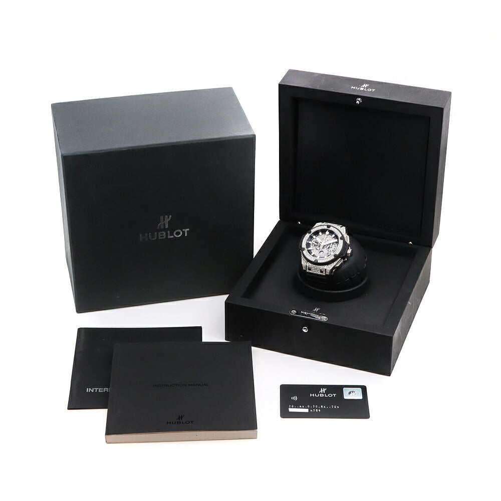 HUBLOT ウブロ キングパワー ウニコ チタニウム パヴェ 701.NX.0170.RX.1704 クロノグラフ 純正ダイヤモンド パヴェダイヤ デイト 黒 ブラック グレー スケルトン Ti チタン 純正ベルト 純正尾錠 メンズ 自動巻き【6ヶ月保証】【腕時計】【中古】