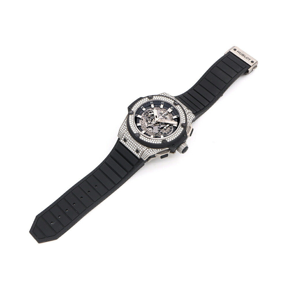 HUBLOT ウブロ キングパワー ウニコ チタニウム パヴェ 701.NX.0170.RX.1704 クロノグラフ 純正ダイヤモンド パヴェダイヤ デイト 黒 ブラック グレー スケルトン Ti チタン 純正ベルト 純正尾錠 メンズ 自動巻き【6ヶ月保証】【腕時計】【中古】
