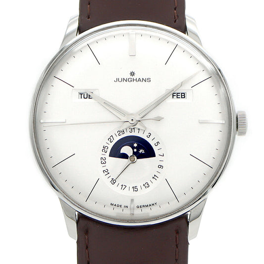 JUNGHANS ユンハンス マイスターカレンダー オートマティック 027/4200.01 ムーンフェイズ トリプルカレンダー 30m防水 裏スケ シルバー SS ステンレス 純正ベルト 純正尾錠 メンズ 自動巻き【6ヶ月保証】【腕時計】【中古】