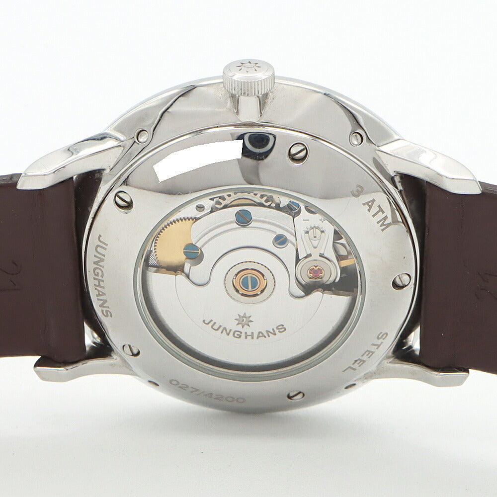 JUNGHANS ユンハンス マイスターカレンダー オートマティック 027/4200.01 ムーンフェイズ トリプルカレンダー 30m防水 裏スケ シルバー SS ステンレス 純正ベルト 純正尾錠 メンズ 自動巻き【6ヶ月保証】【腕時計】【中古】