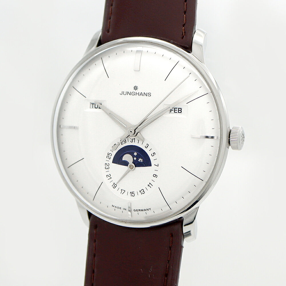 JUNGHANS ユンハンス マイスターカレンダー オートマティック 027/4200.01 ムーンフェイズ トリプルカレンダー 30m防水 裏スケ シルバー SS ステンレス 純正ベルト 純正尾錠 メンズ 自動巻き【6ヶ月保証】【腕時計】【中古】