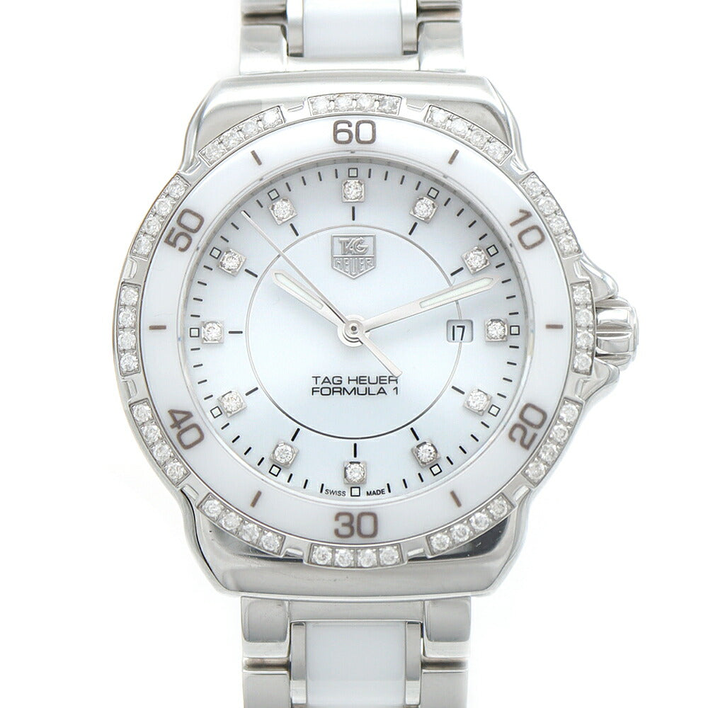 電池交換済 TAG Heuer タグホイヤー フォーミュラ1 ダイヤベゼル WAH1313 ダイヤモンド 12Pダイヤ デイト 200m防水 白 ホワイト CE セラミック SS ステンレス レディース クォーツ【6ヶ月保証】【腕時計】【中古】