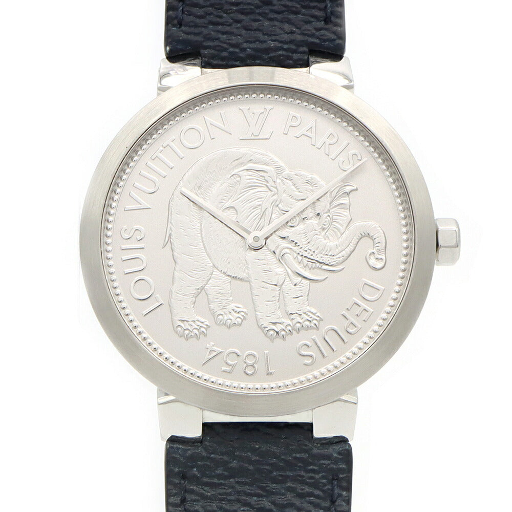 電池交換済 LOUIS VUITTON ルイヴィトン タンブール スリム サバンナ チャップマンブラザーズ Q2D070 50m防水 シルバー SS ステンレス 純正ベルト 純正尾錠 メンズ クォーツ【6ヶ月保証】【腕時計】【中古】