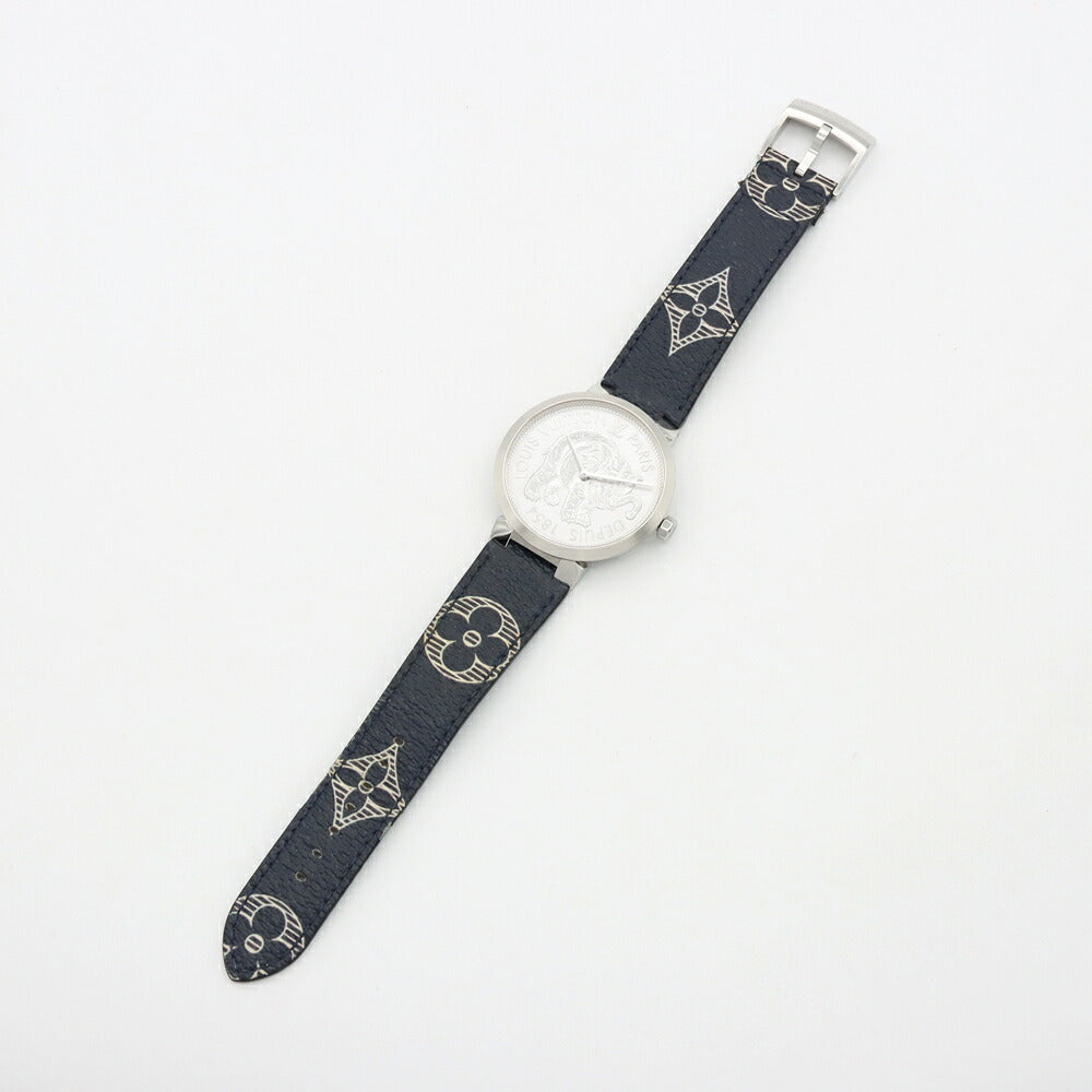 電池交換済 LOUIS VUITTON ルイヴィトン タンブール スリム サバンナ チャップマンブラザーズ Q2D070 50m防水 シルバー SS ステンレス 純正ベルト 純正尾錠 メンズ クォーツ【6ヶ月保証】【腕時計】【中古】