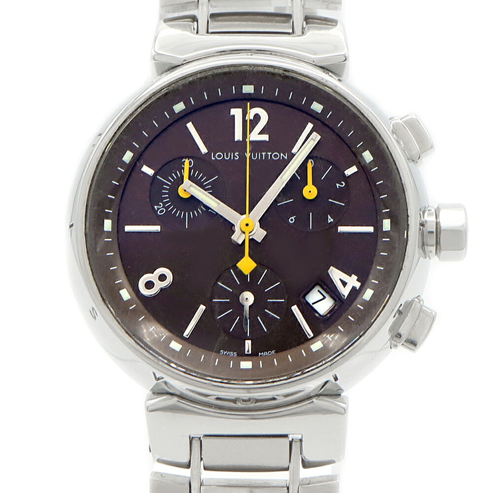 電池交換済 LOUIS VUITTON ルイヴィトン タンブール クロノグラフ Q1321 デイト 100m防水 茶 ブラウン SS ステンレス メンズ レディース ボーイズ クォーツ【6ヶ月保証】【腕時計】【中古】
