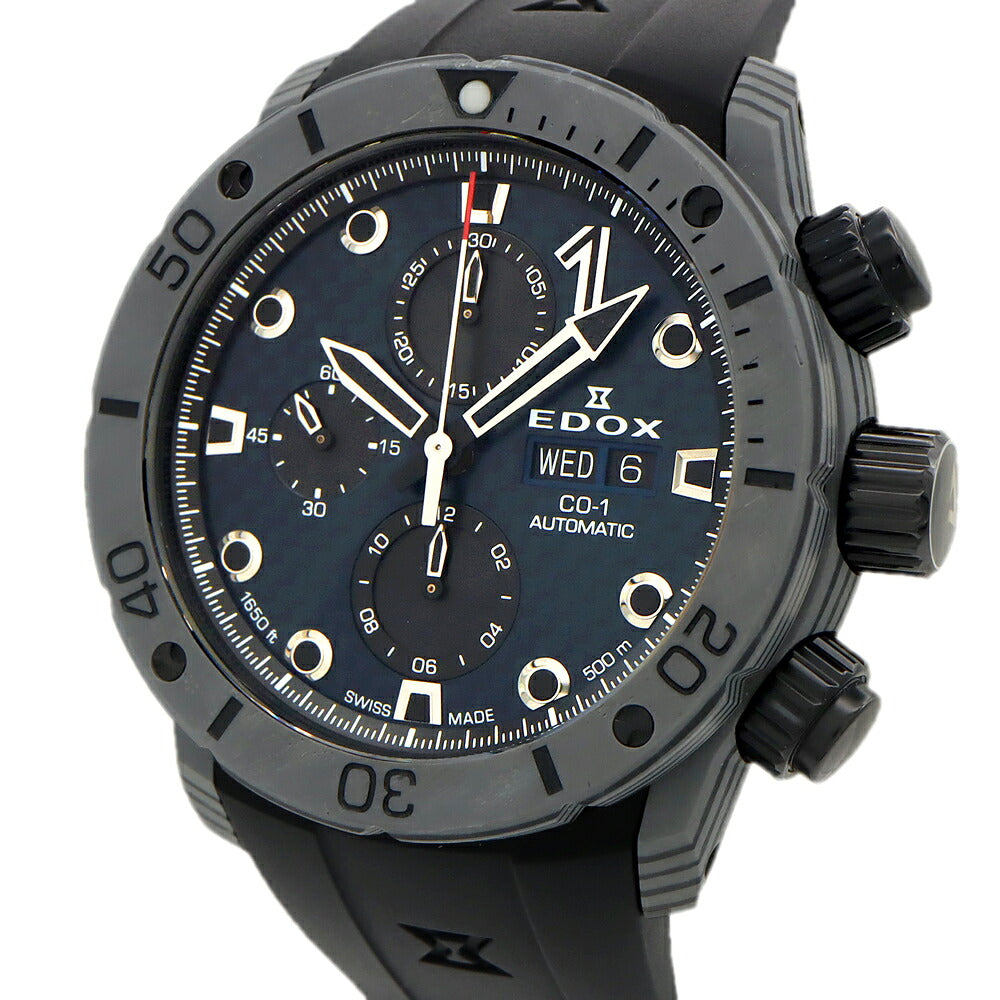 EDOX エドックス クロノオフショア1 カーボン クロノグラフ 01125-CLNGN-BUNN 裏スケ 500m防水 デイデイト 青 ブルー カーボン SS ステンレス 純正ベルト 純正尾錠 メンズ 自動巻き【6ヶ月保証】【腕時計】【中古】