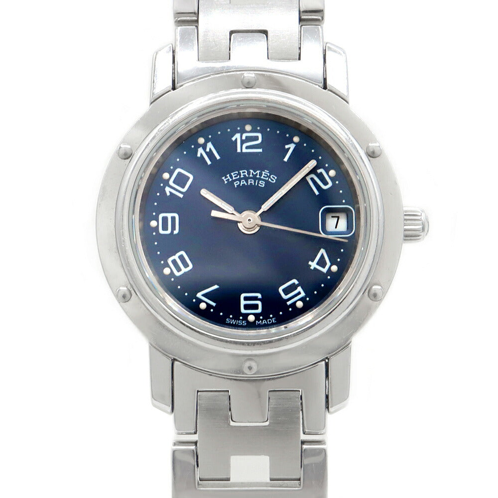 電池交換済 HERMES エルメス クリッパー CL4.210 デイト 青 ブルー SS ステンレス レディース クォーツ【6ヶ月保証】【腕時計】【中古】