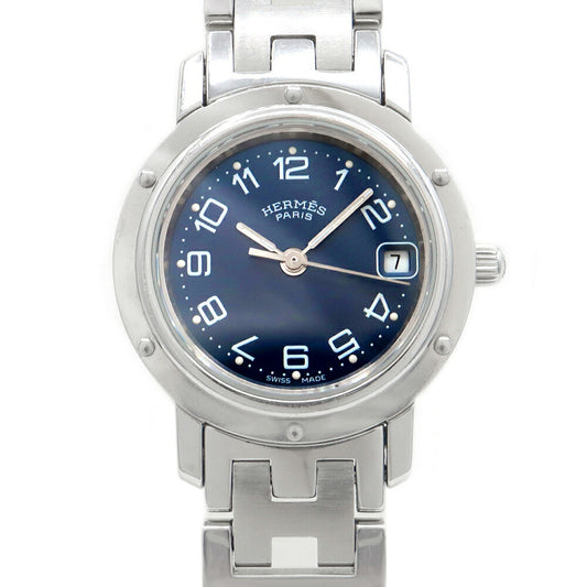 電池交換済 HERMES エルメス クリッパー CL4.210 デイト 青 ブルー SS ステンレス レディース クォーツ【6ヶ月保証】【腕時計】【中古】