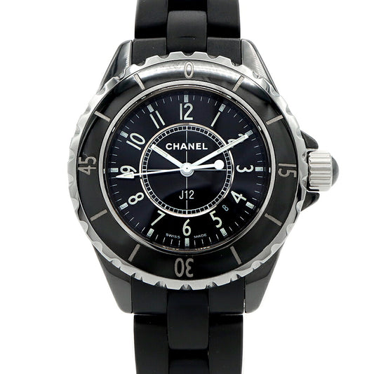 YK☆電池交換済 CHANEL シャネル J12 33mm H0681 デイト 200m防水 黒 ブラック SS ステンレス CE セラミック ラバー レディース クォーツ【6ヶ月保証】【腕時計】【中古】