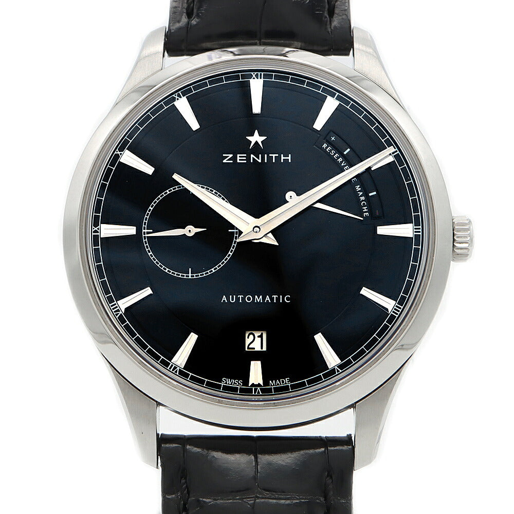 ZENITH ゼニス キャプテン エリート パワーリザーブ 03.2122.685 デイト 50m防水 裏スケ 黒 ブラック SS ステンレス 純正ベルト 純正尾錠 メンズ 自動巻き【6ヶ月保証】【腕時計】【中古】