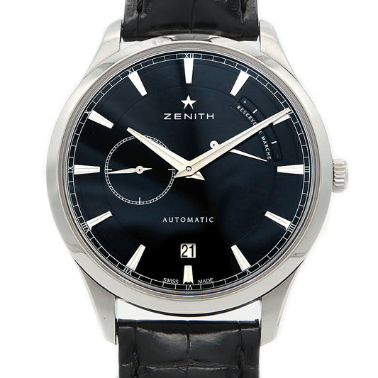 ZENITH ゼニス キャプテン エリート パワーリザーブ 03.2122.685 デイト 50m防水 裏スケ 黒 ブラック SS ステンレス 純正ベルト 純正尾錠 メンズ 自動巻き【6ヶ月保証】【腕時計】【中古】