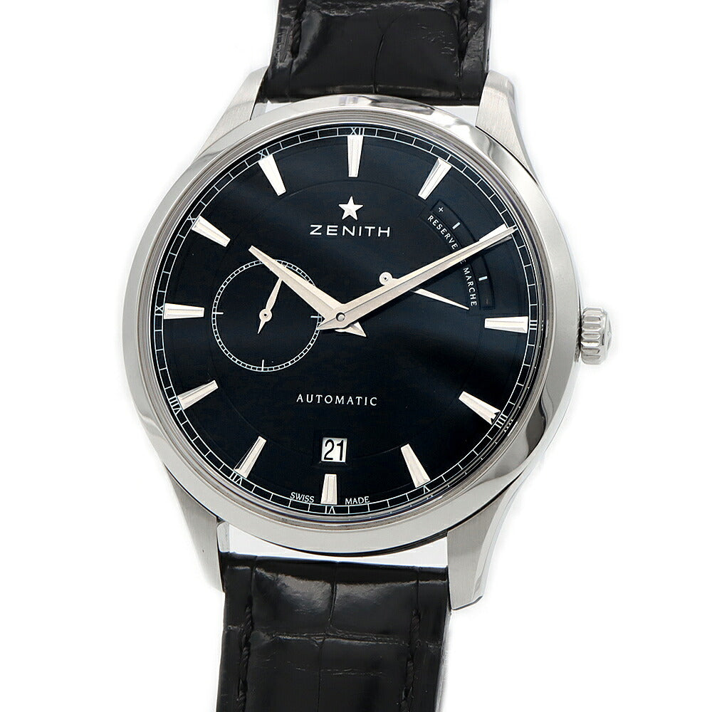 ZENITH ゼニス キャプテン エリート パワーリザーブ 03.2122.685 デイト 50m防水 裏スケ 黒 ブラック SS ステンレス 純正ベルト 純正尾錠 メンズ 自動巻き【6ヶ月保証】【腕時計】【中古】