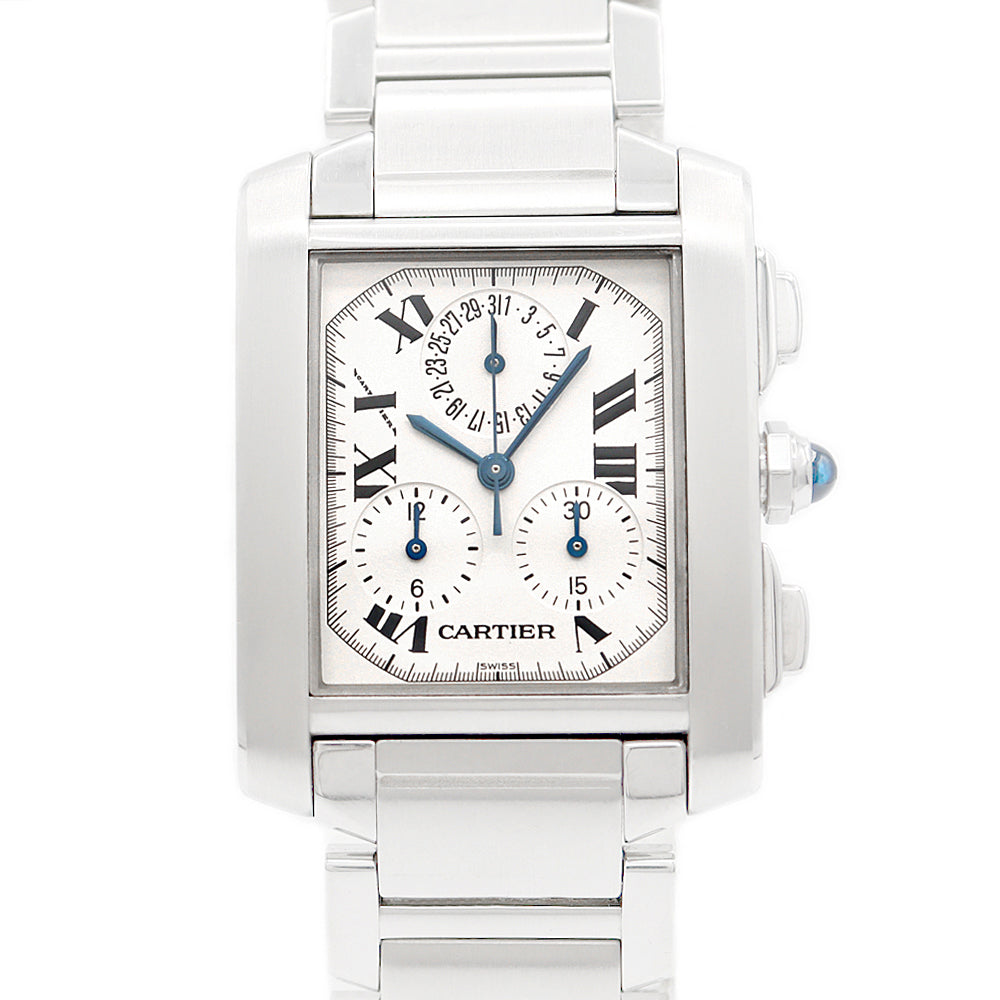 電池交換済 Cartier カルティエ タンクフランセーズ LM クロノリフレックス W51001Q3 クロノグラフ パーペチュアルカレンダー 白 ホワイト アイボリー SS ステンレス メンズ クォーツ【6ヶ月保証】【腕時計】【中古】