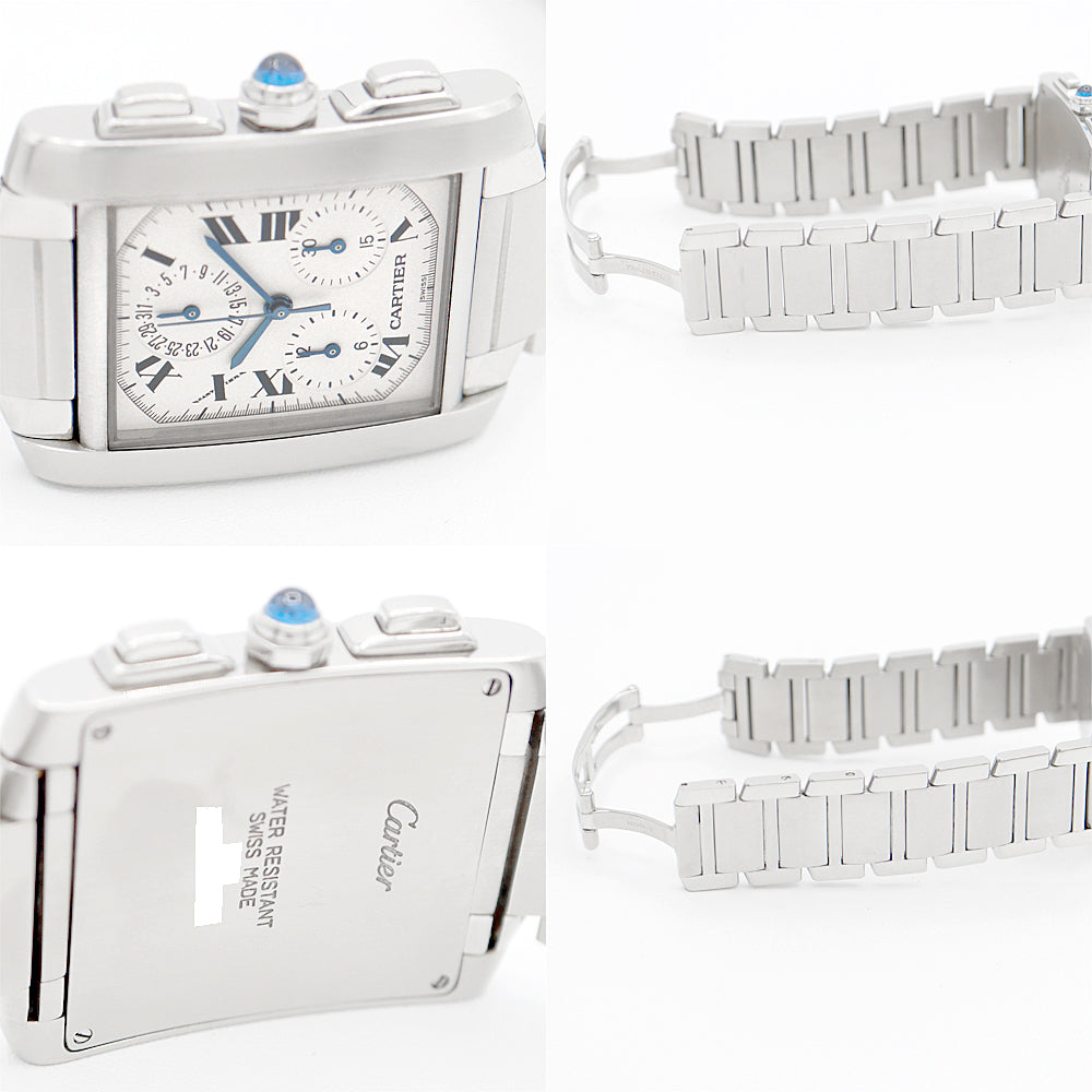 電池交換済 Cartier カルティエ タンクフランセーズ LM クロノリフレックス W51001Q3 クロノグラフ パーペチュアルカレンダー 白 ホワイト アイボリー SS ステンレス メンズ クォーツ【6ヶ月保証】【腕時計】【中古】