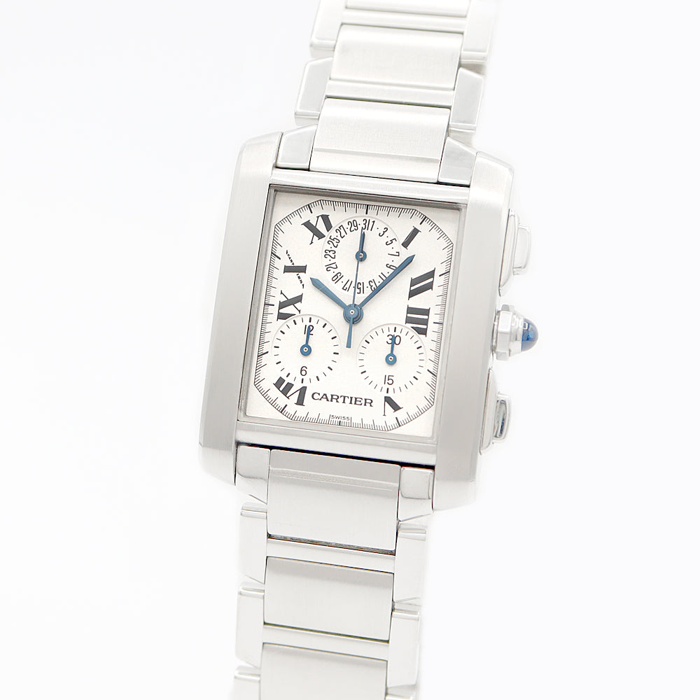 電池交換済 Cartier カルティエ タンクフランセーズ LM クロノリフレックス W51001Q3 クロノグラフ パーペチュアルカレンダー 白 ホワイト アイボリー SS ステンレス メンズ クォーツ【6ヶ月保証】【腕時計】【中古】