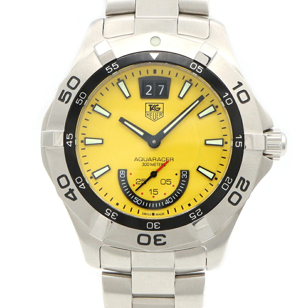 電池交換済 TAG Heuer タグホイヤー アクアレーサー グランドデイト WAF1012 スモールセコンド 300m防水 黄 イエロー SS ステンレス メンズ クォーツ【6ヶ月保証】【腕時計】【中古】