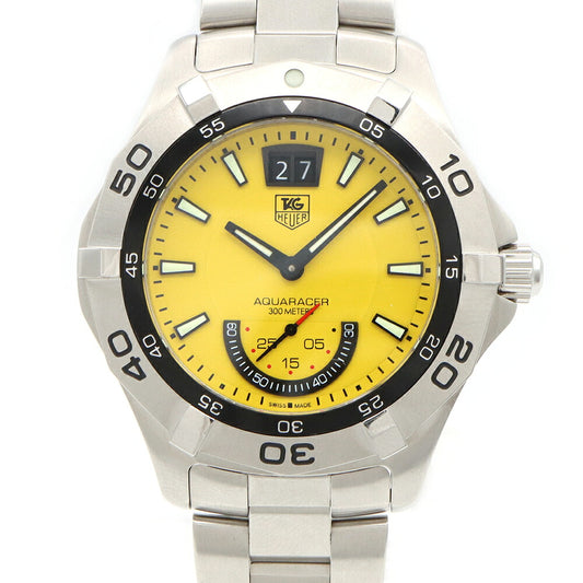 電池交換済 TAG Heuer タグホイヤー アクアレーサー グランドデイト WAF1012 スモールセコンド 300m防水 黄 イエロー SS ステンレス メンズ クォーツ【6ヶ月保証】【腕時計】【中古】