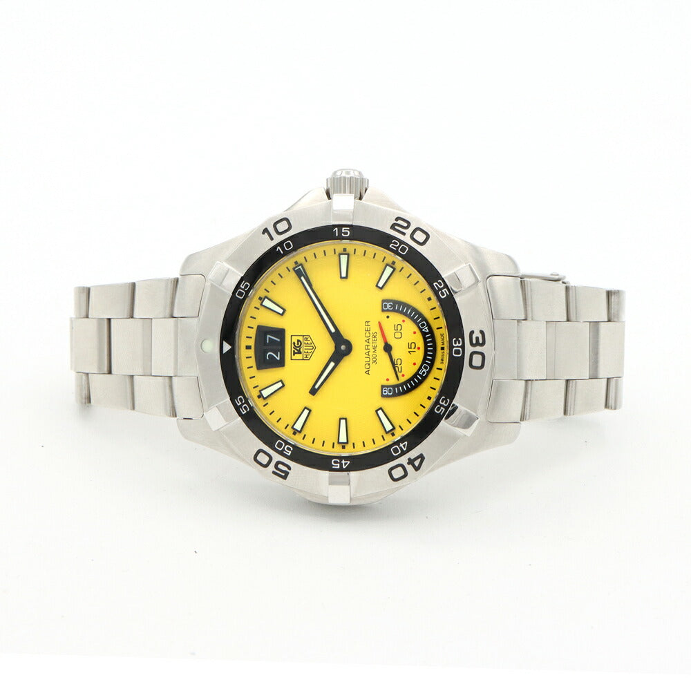 電池交換済 TAG Heuer タグホイヤー アクアレーサー グランドデイト WAF1012 スモールセコンド 300m防水 黄 イエロー SS ステンレス メンズ クォーツ【6ヶ月保証】【腕時計】【中古】