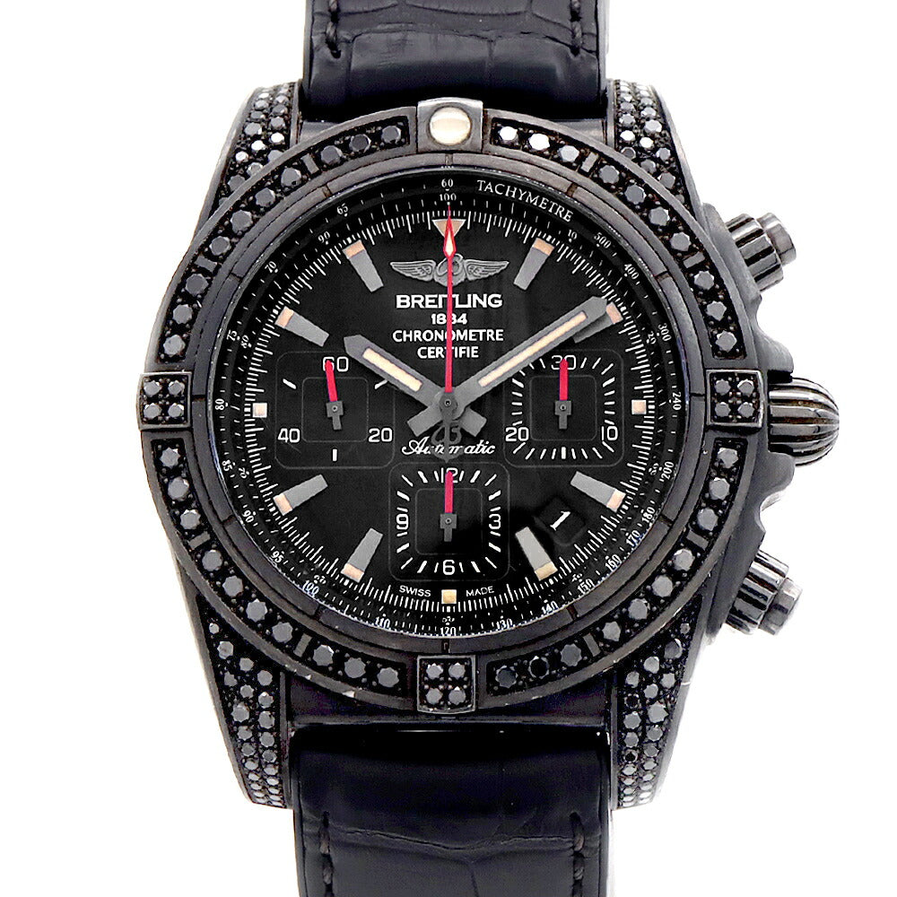 BREITLING ブライトリング クロノマット44 ブラックスチール 世界限定100本 MB0111 MB0111AV/BE35 クロノグラフ 純正ブラックダイヤ 裏スケ デイト 200m防水 黒 ブラック SS ステンレス 純正ベルト 純正尾錠 メンズ 自動巻き【6ヶ月保証】【腕時計】【中古】