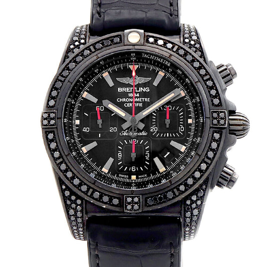 BREITLING ブライトリング クロノマット44 ブラックスチール 世界限定100本 MB0111 MB0111AV/BE35 クロノグラフ 純正ブラックダイヤ 裏スケ デイト 200m防水 黒 ブラック SS ステンレス 純正ベルト 純正尾錠 メンズ 自動巻き【6ヶ月保証】【腕時計】【中古】