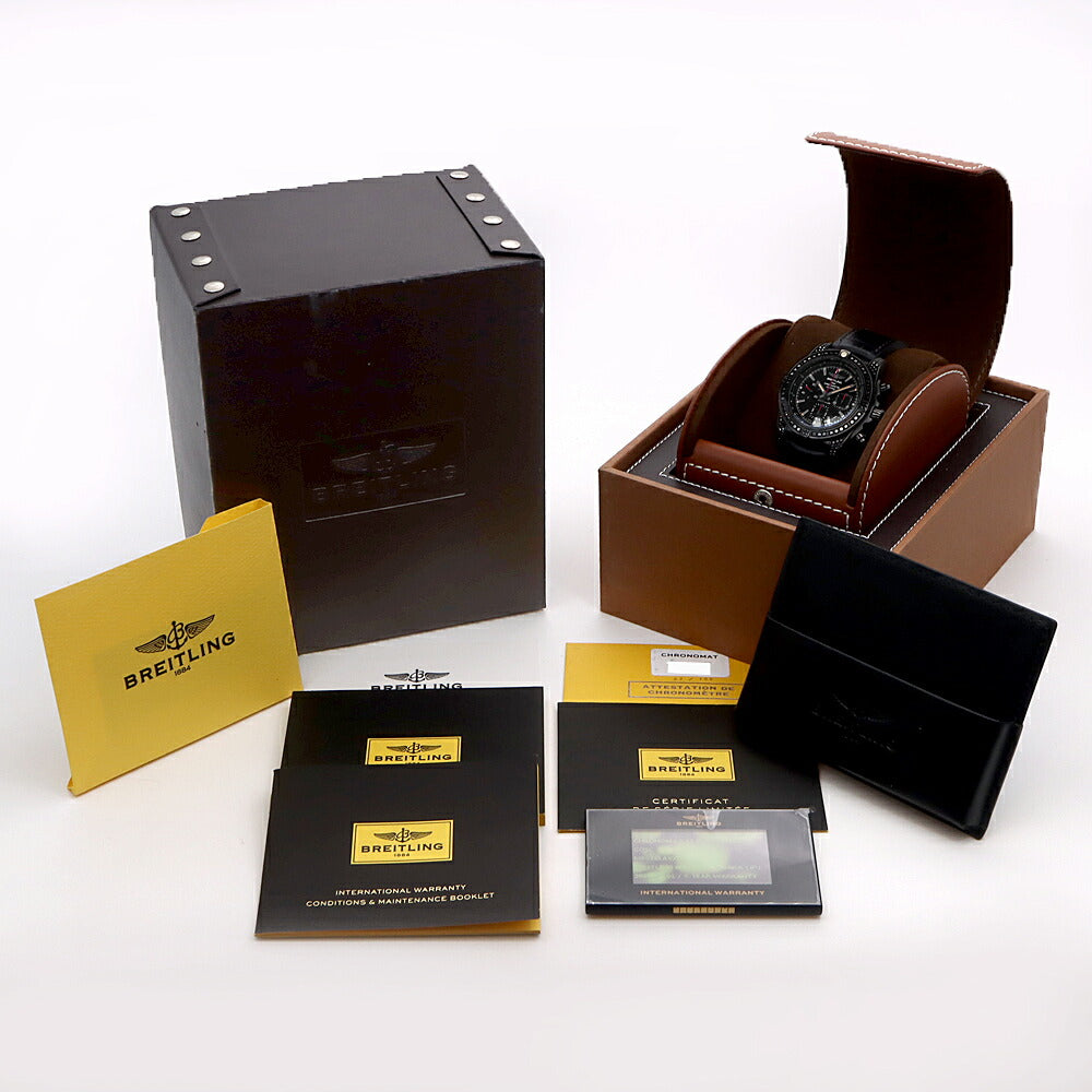 BREITLING ブライトリング クロノマット44 ブラックスチール 世界限定100本 MB0111 MB0111AV/BE35 クロノグラフ 純正ブラックダイヤ 裏スケ デイト 200m防水 黒 ブラック SS ステンレス 純正ベルト 純正尾錠 メンズ 自動巻き【6ヶ月保証】【腕時計】【中古】