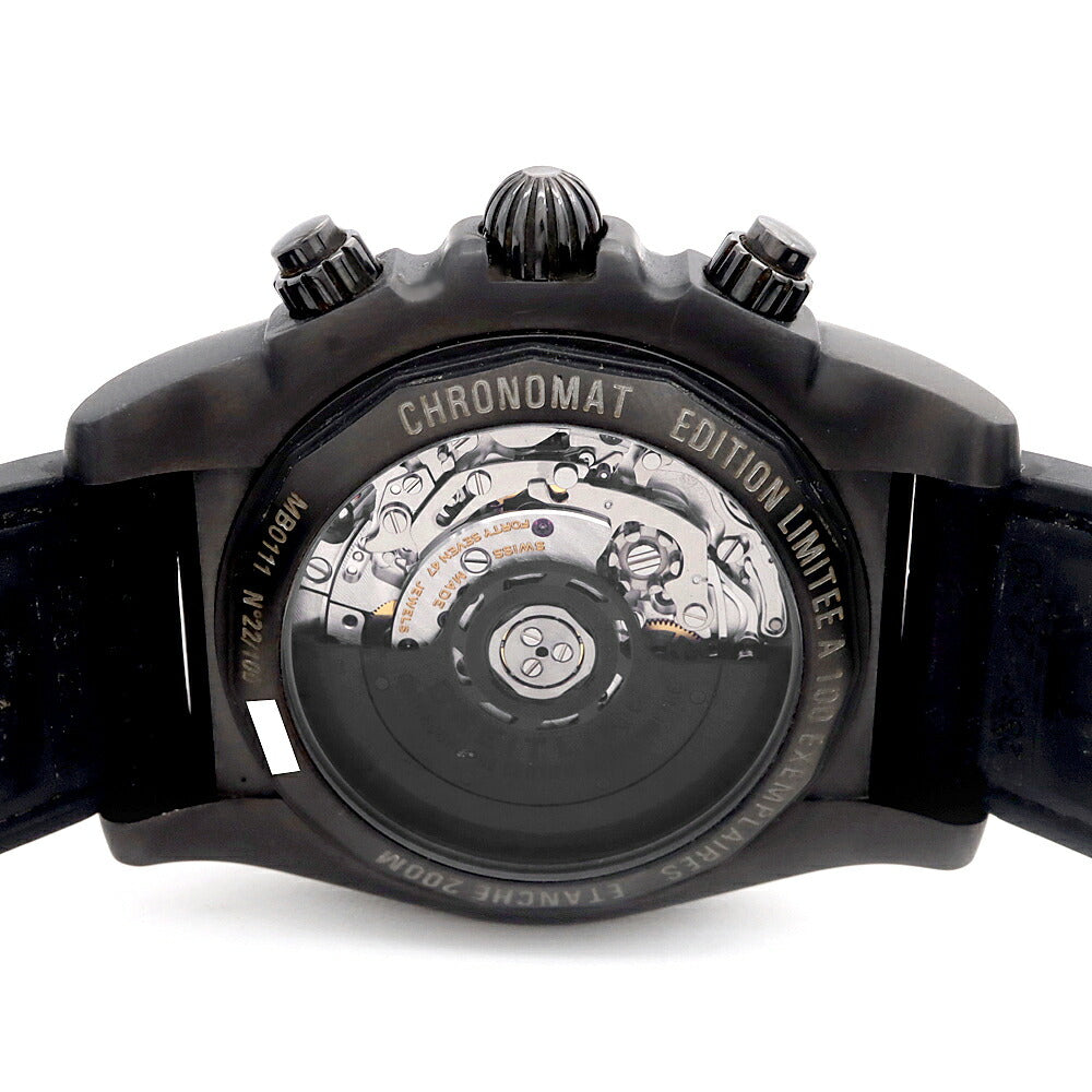 BREITLING ブライトリング クロノマット44 ブラックスチール 世界限定100本 MB0111 MB0111AV/BE35 クロノグラフ 純正ブラックダイヤ 裏スケ デイト 200m防水 黒 ブラック SS ステンレス 純正ベルト 純正尾錠 メンズ 自動巻き【6ヶ月保証】【腕時計】【中古】
